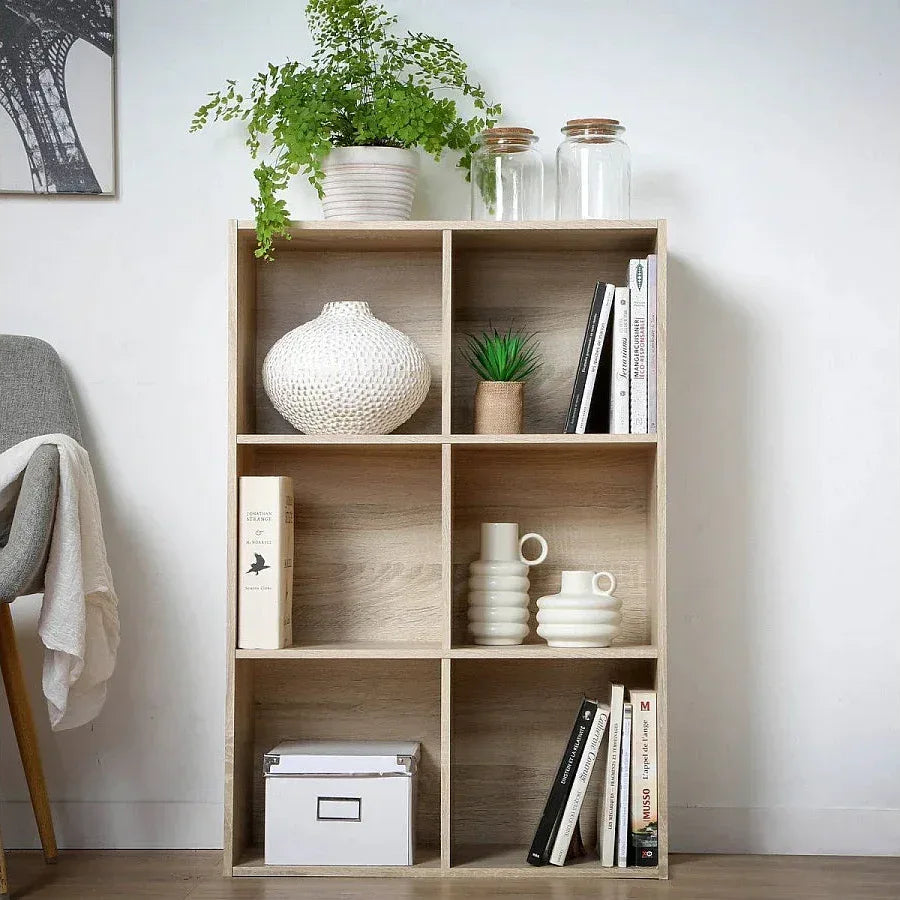 Wooden MDF bookcase with open square cubby compartments and vertical dividers