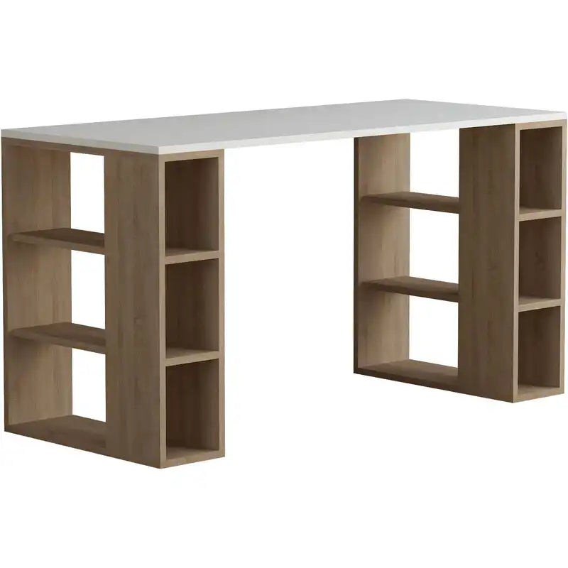 Corner view of MDF desk with open storage cubbies and stepped shelves, light wood