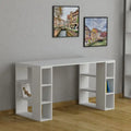 White MDF desk with open shelves and cubbies on both sides