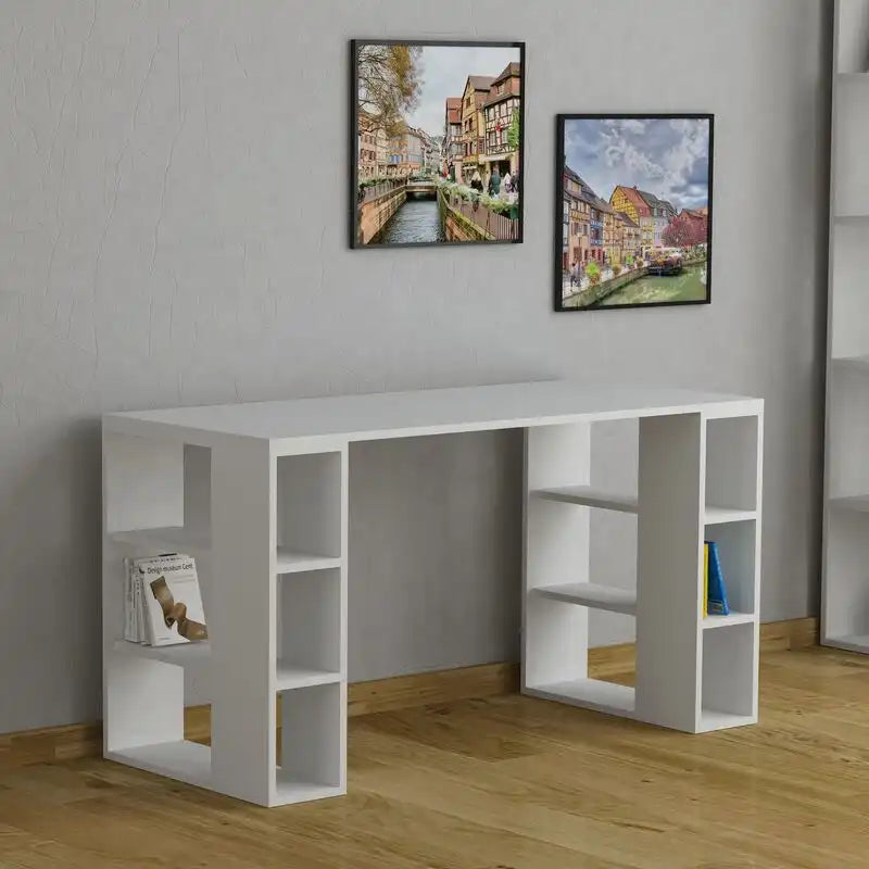 White MDF desk with open shelves and cubbies on both sides