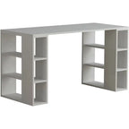 White MDF desk with multiple open compartments and a centered shelf bay