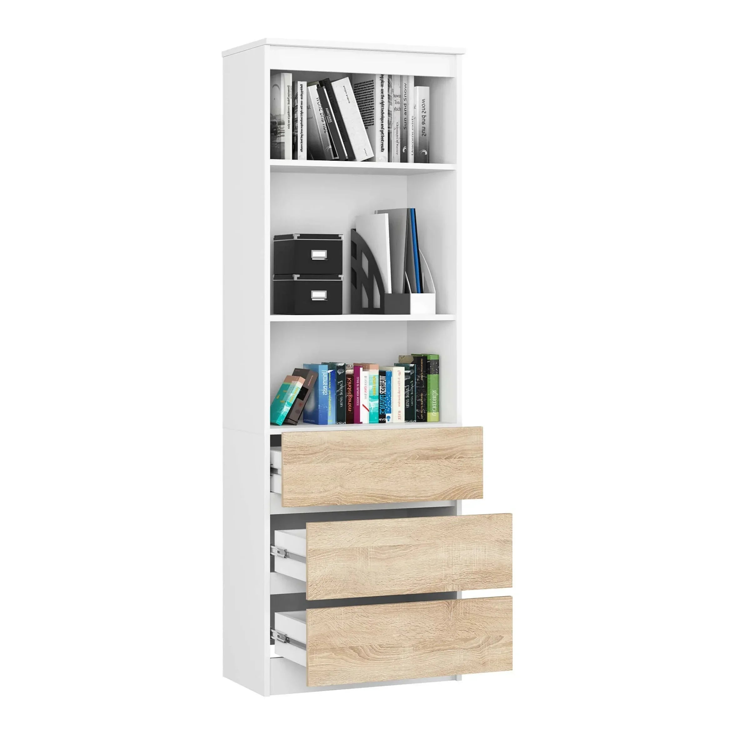 Tall white MDF bookcase with open cubbies and three light wood drawers for books