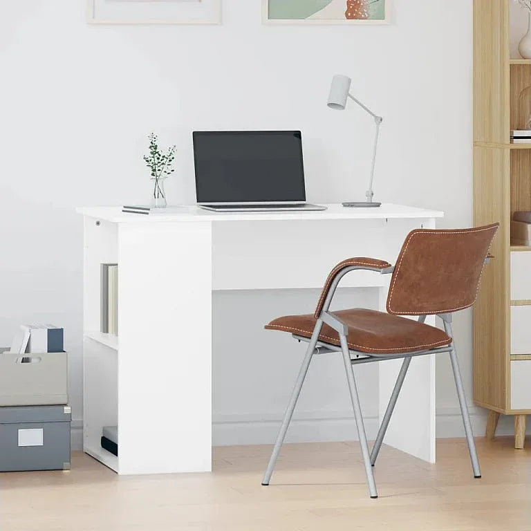 White MDF desk with open storage shelf, rectangular desktop and metal supports