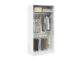 White MDF wardrobe with open shelves and hanging rails, showing folded and hanging clothes