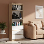 Oak-effect bookcase with open shelves and 3 white drawers, 61x36x180cm