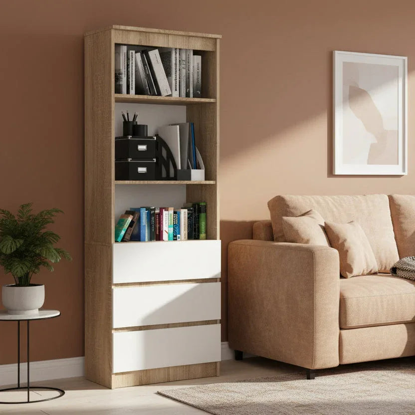 Oak-effect bookcase with open shelves and 3 white drawers, 61x36x180cm