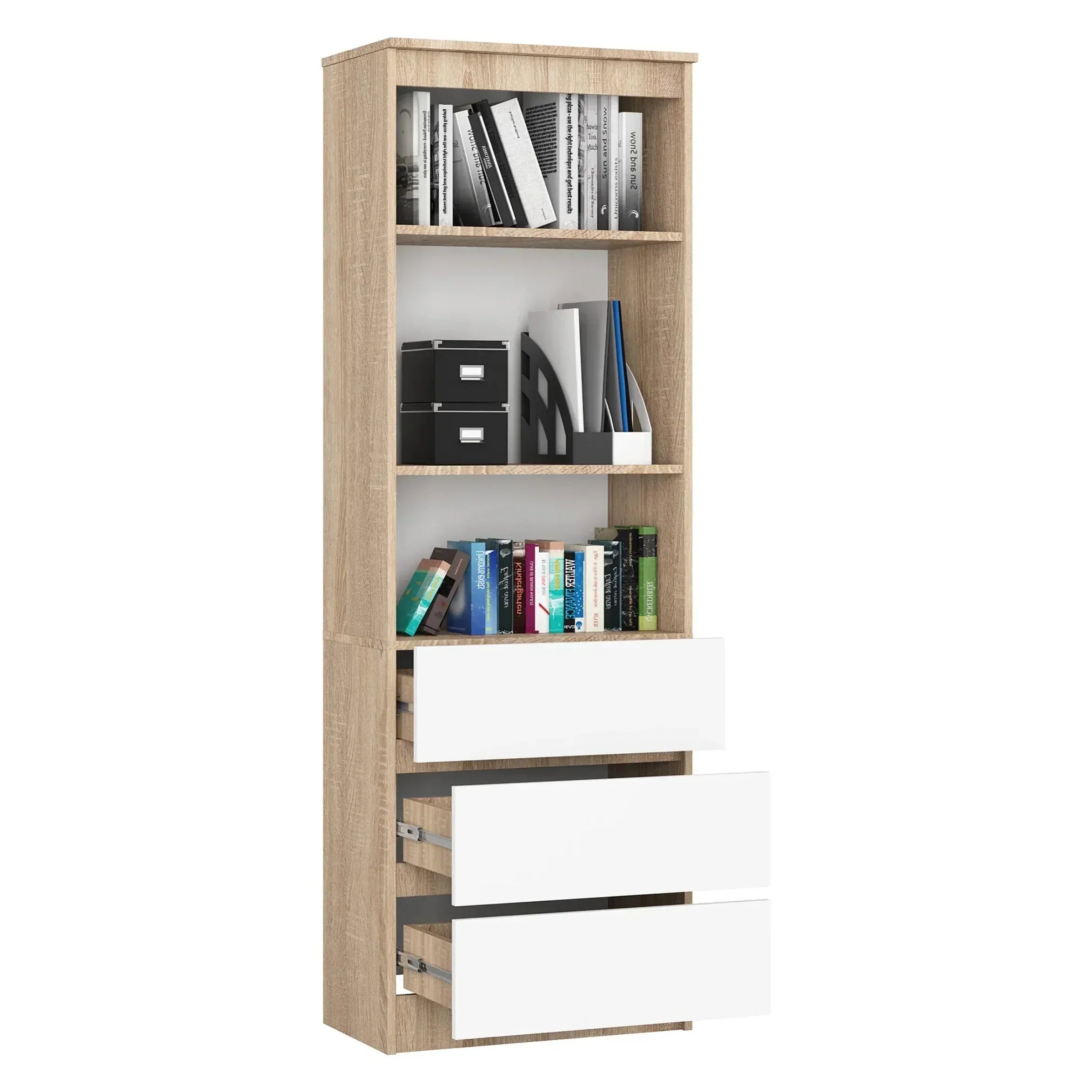Front view oak-effect bookcase with open cubbies and 3 white drawer fronts