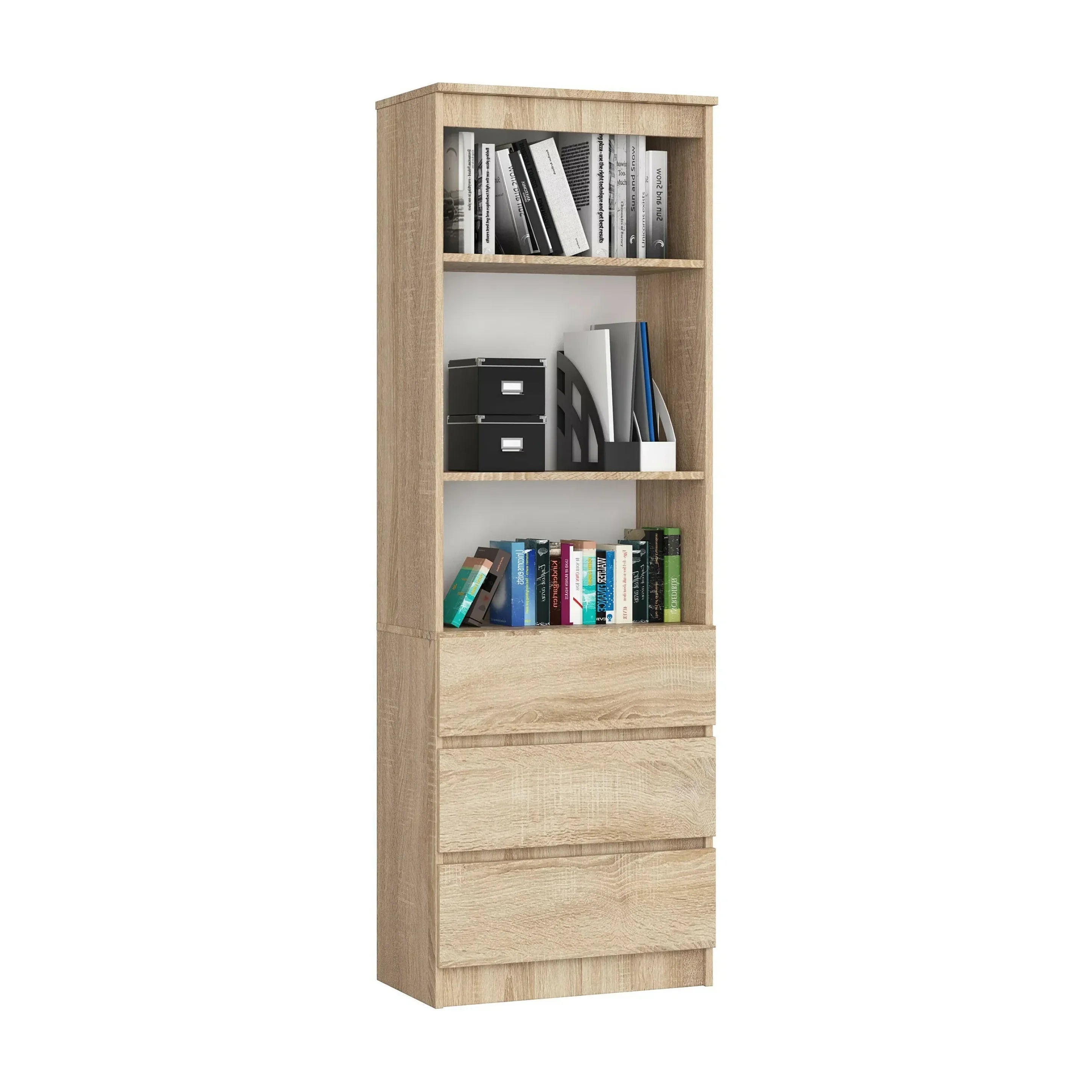 MDF bookcase with open shelves and 3 drawers, light oak finish, 61x36x180cm