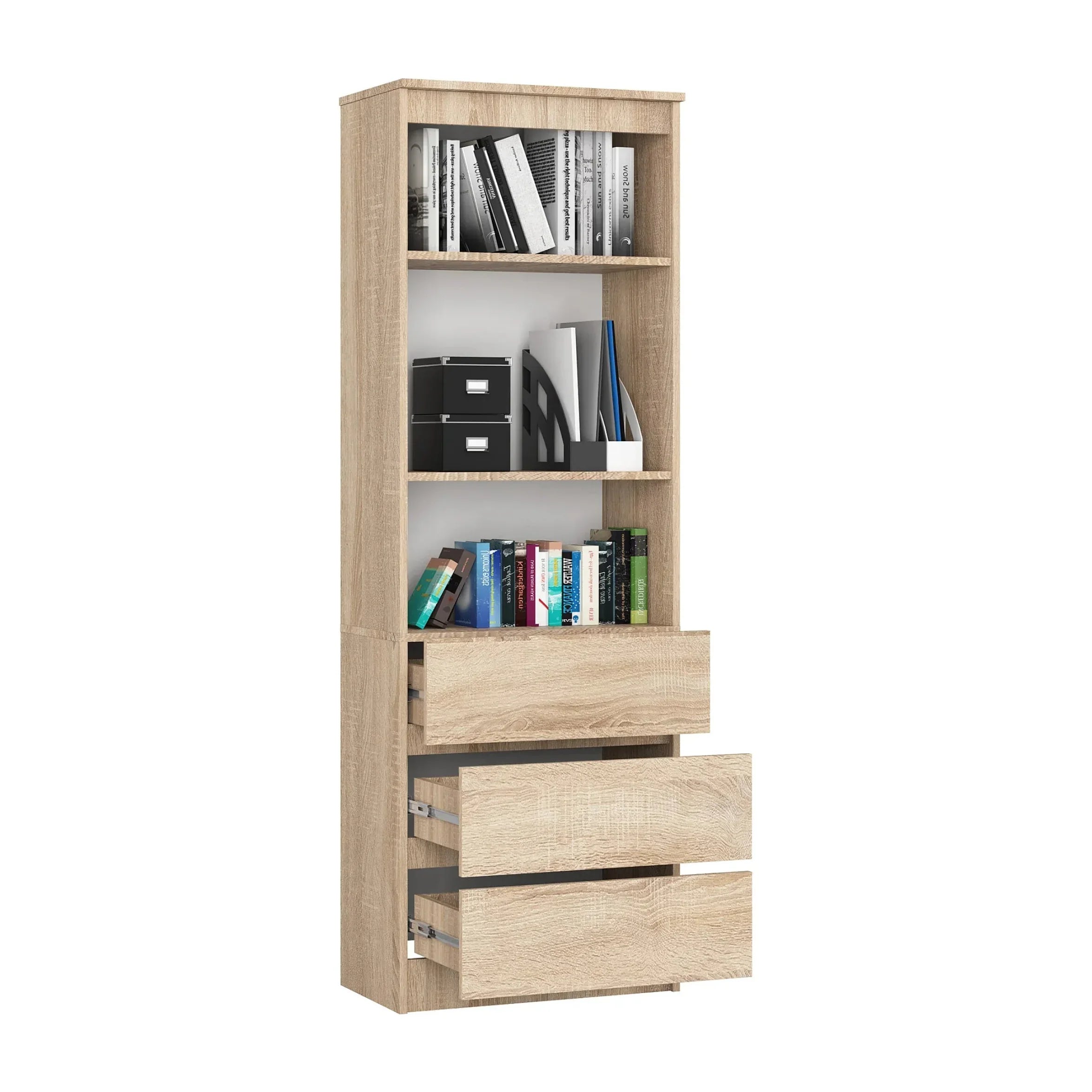 Light oak MDF bookcase with open cubbies and 3 front drawers, side panels