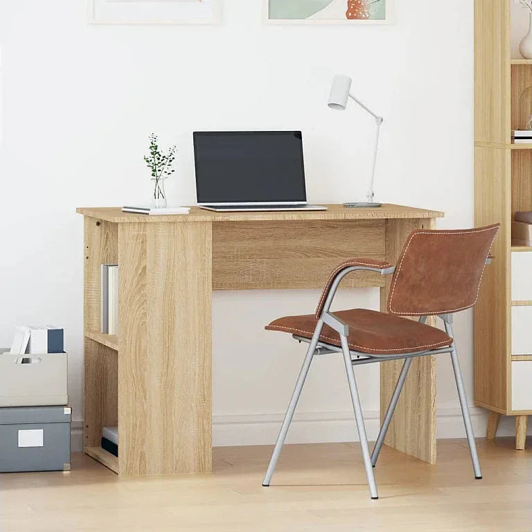 Light wood grain MDF desk with open side shelf and rectangular work top