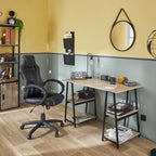 Metal-framed desk with light wood top and two-tier side shelves