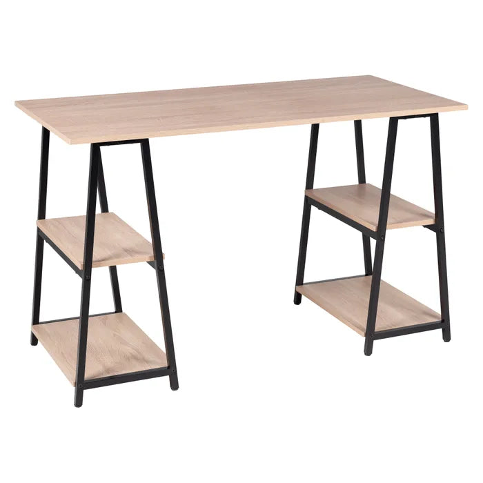 Rectangular desk with light wood surface, black metal legs, and built-in shelves