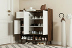 Open shoe cabinet doors showing 3-tier shelves in dark brown and white MDF