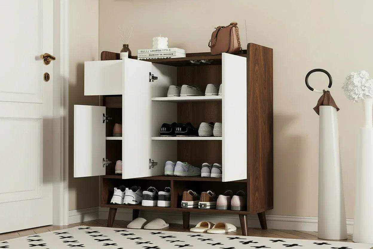 Open shoe cabinet doors showing 3-tier shelves in dark brown and white MDF