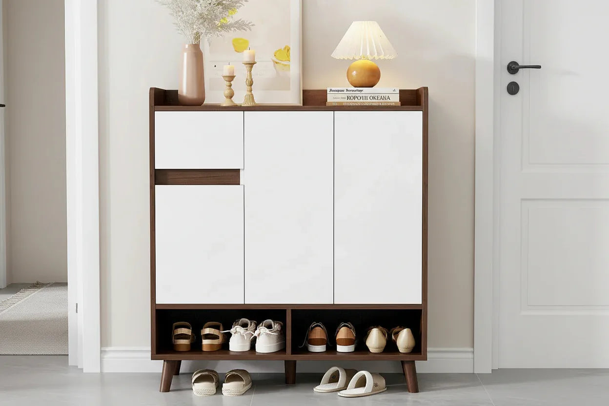 Shoe cabinet with white doors and dark brown MDF frame, 90x35x100cm