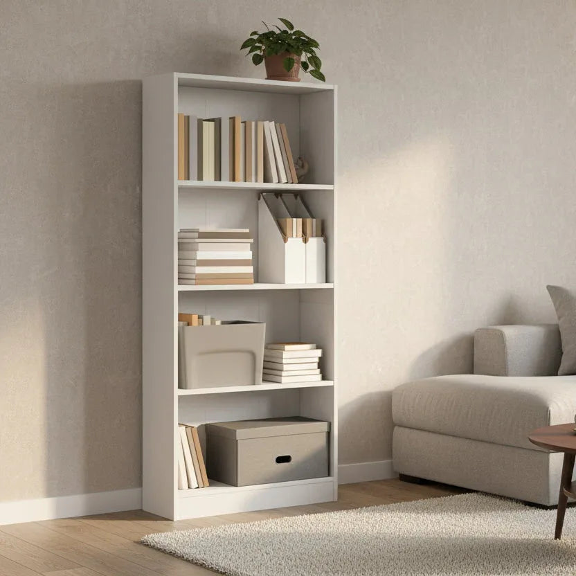 White MDF bookcase with open shelves and a drawer, 60x30x145 cm