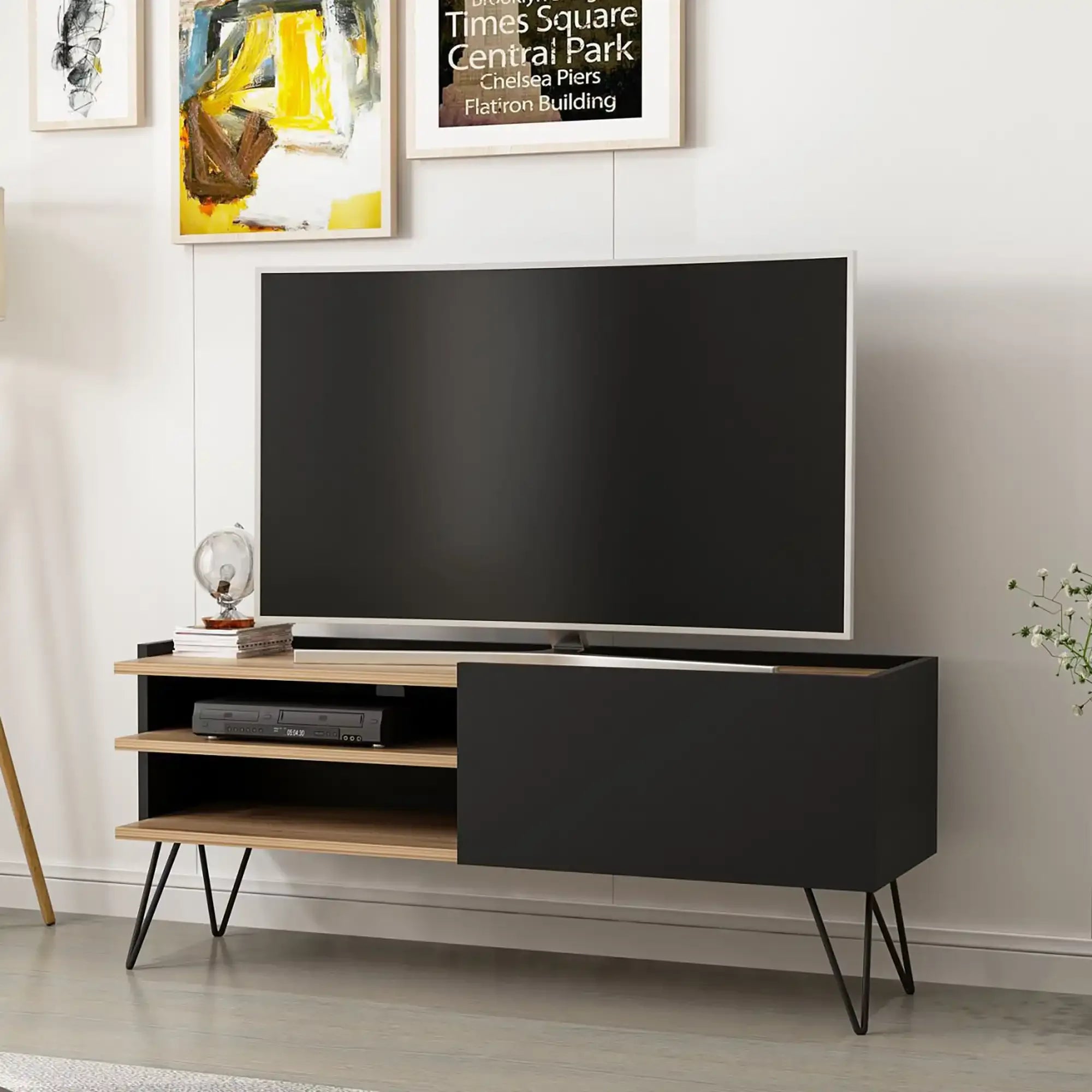 DELLA TV table with dark MDF, open shelves, wide cabinet and tapered legs