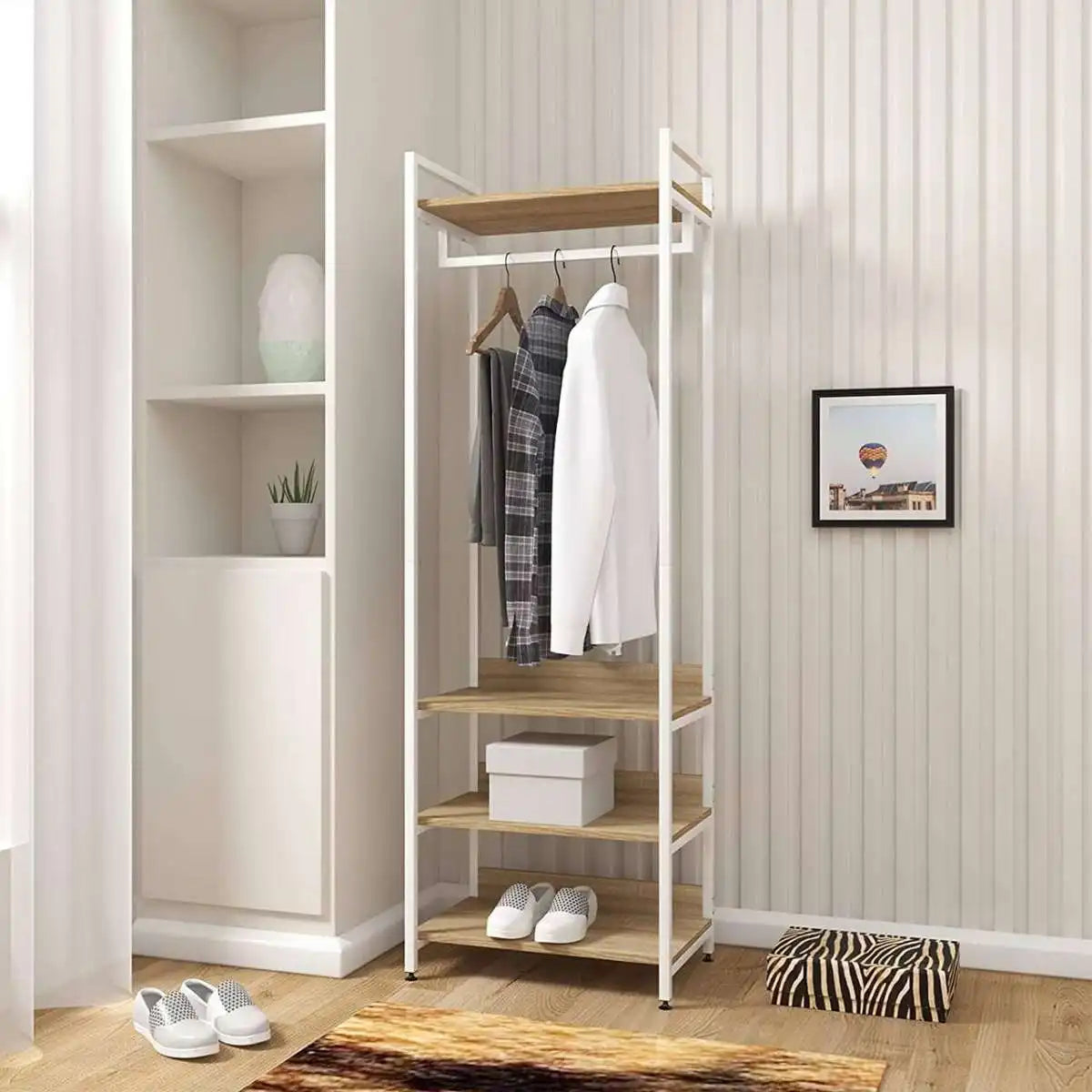 White metal clothes stand with hanging rail and 3 wooden shelves, 60x40x180cm