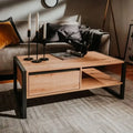 Light wood MDF coffee table with drawer and open shelf, black legs, 100x55x40 cm