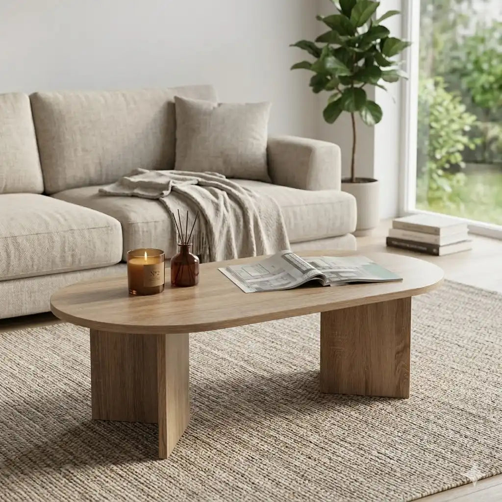 Light wood MDF coffee table with rounded corners and tapered legs