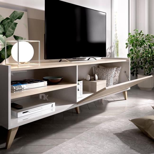 White MDF TV console with side open shelves and central pull-out drawer, media-ready