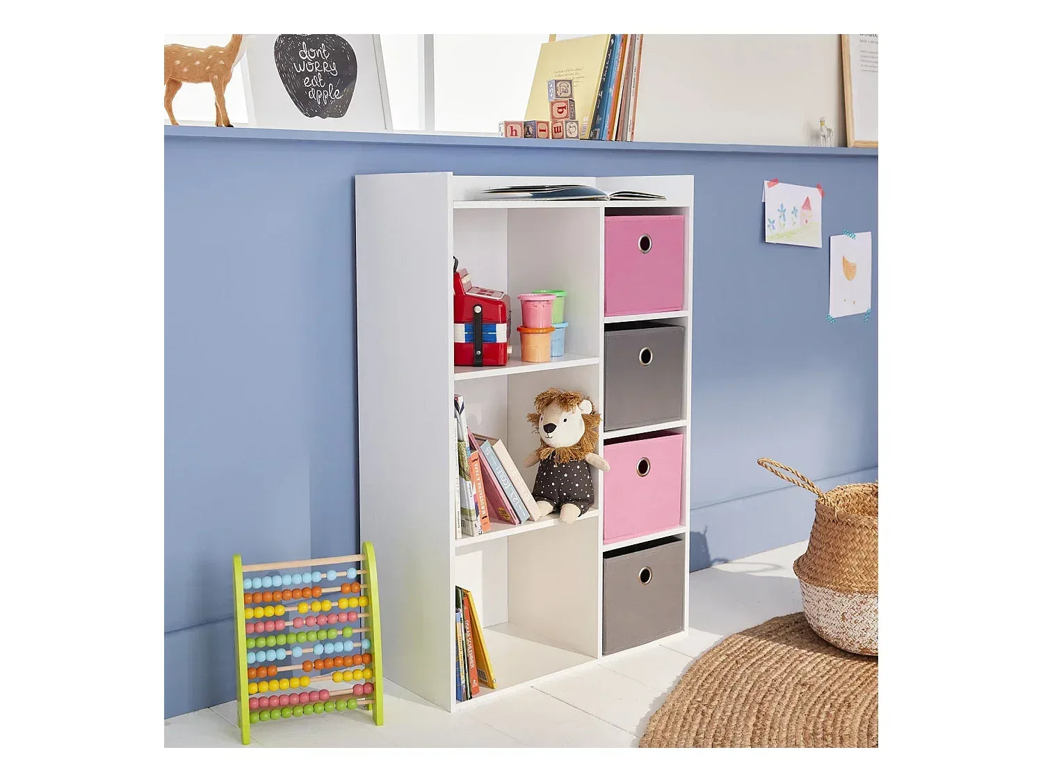 White MDF bookcase with open shelves and pink-gray storage cubbies, 60x30x95cm