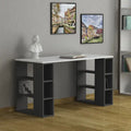 MDF desk, white top with grey open shelves and cubbies, 140x60x75cm
