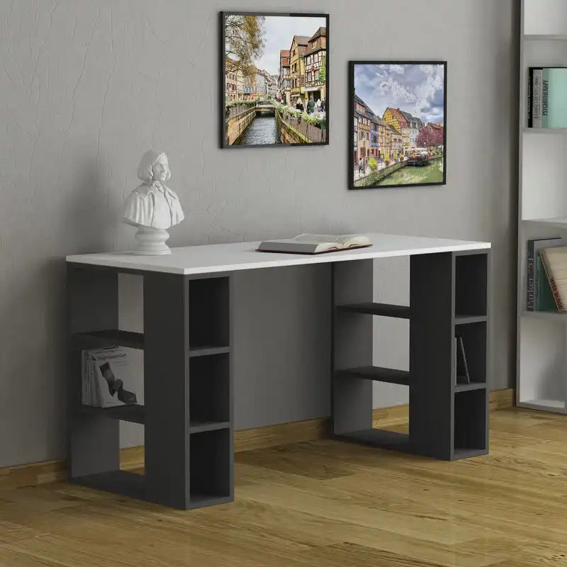 MDF desk, white top with grey open shelves and cubbies, 140x60x75cm