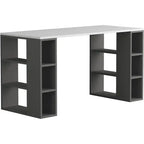 Grey desk with white tabletop and side cubby shelves, open center space