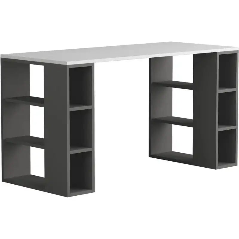 Grey desk with white tabletop and side cubby shelves, open center space