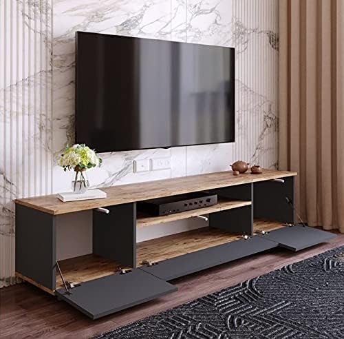 Dark MDF TV stand with light oak top, open center media shelf, side cabinet doors
