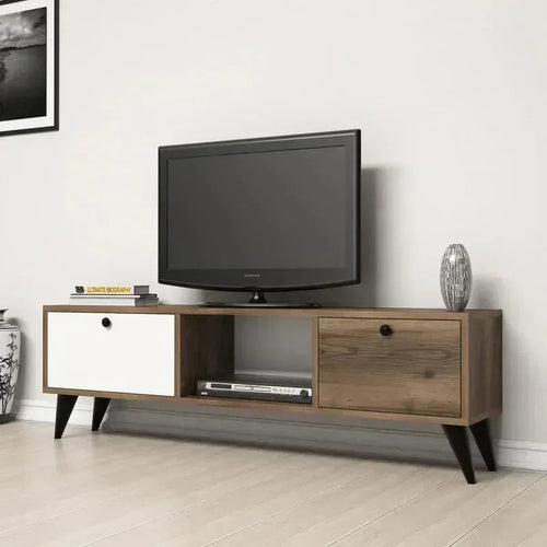 TV table with white drawer, wood side panel, open shelves, and dark tapered legs