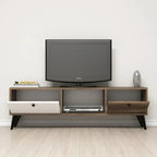ANNA TV table front view: white drawer, three open shelves, wood panels, dark legs