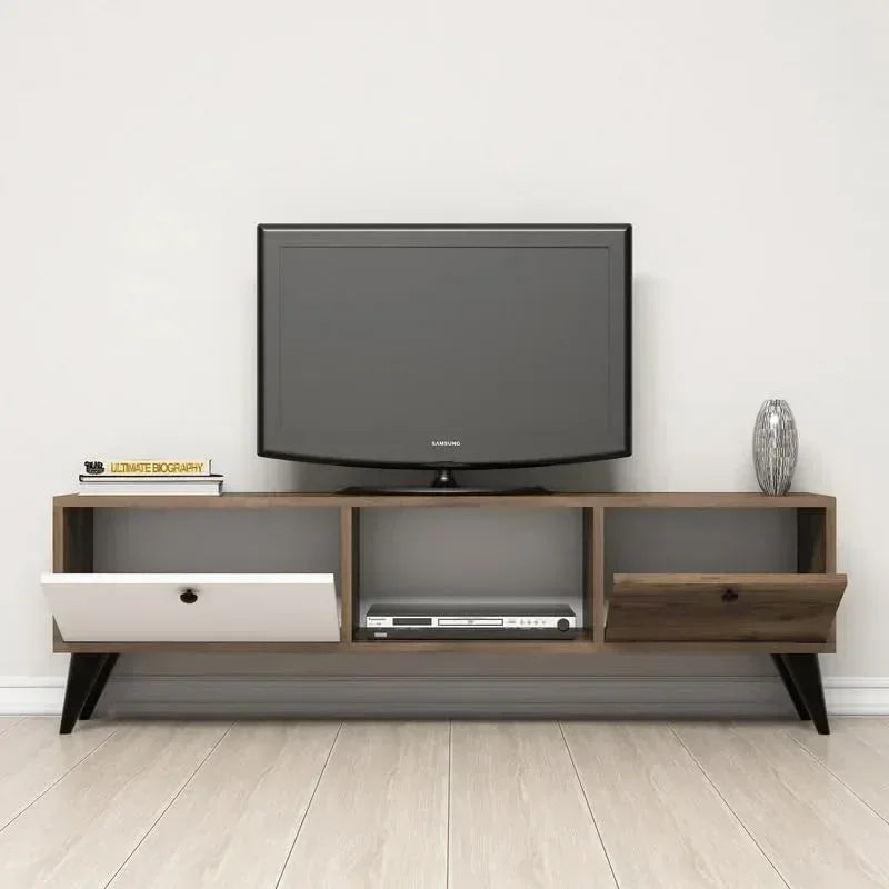 ANNA TV table front view: white drawer, three open shelves, wood panels, dark legs