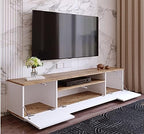 LIZZIE TV table with light wood top, white side cabinets, open shelves and cable cutouts
