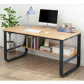 CRISS desk with light wood top and dark metal crisscross frame, open lower shelf