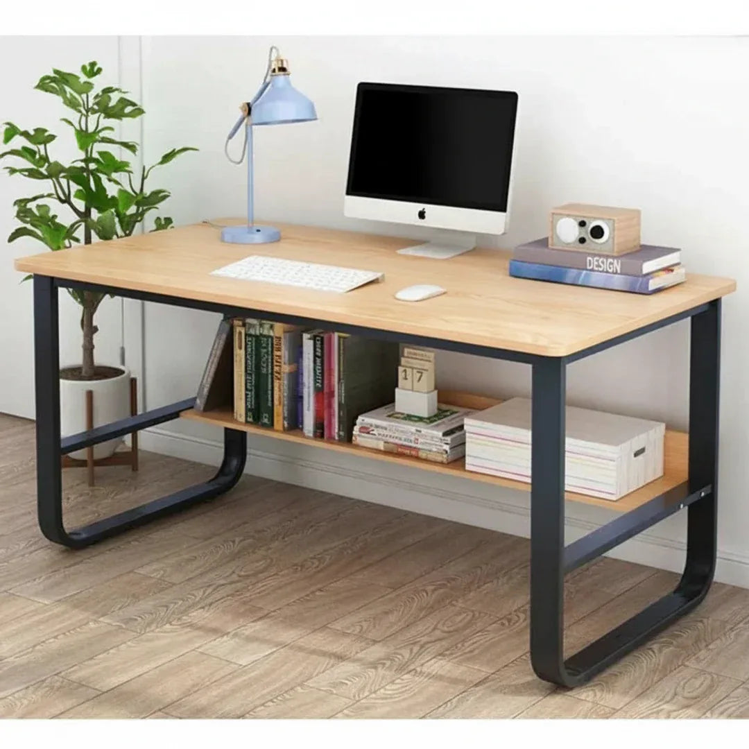 CRISS desk with light wood top and dark metal crisscross frame, open lower shelf