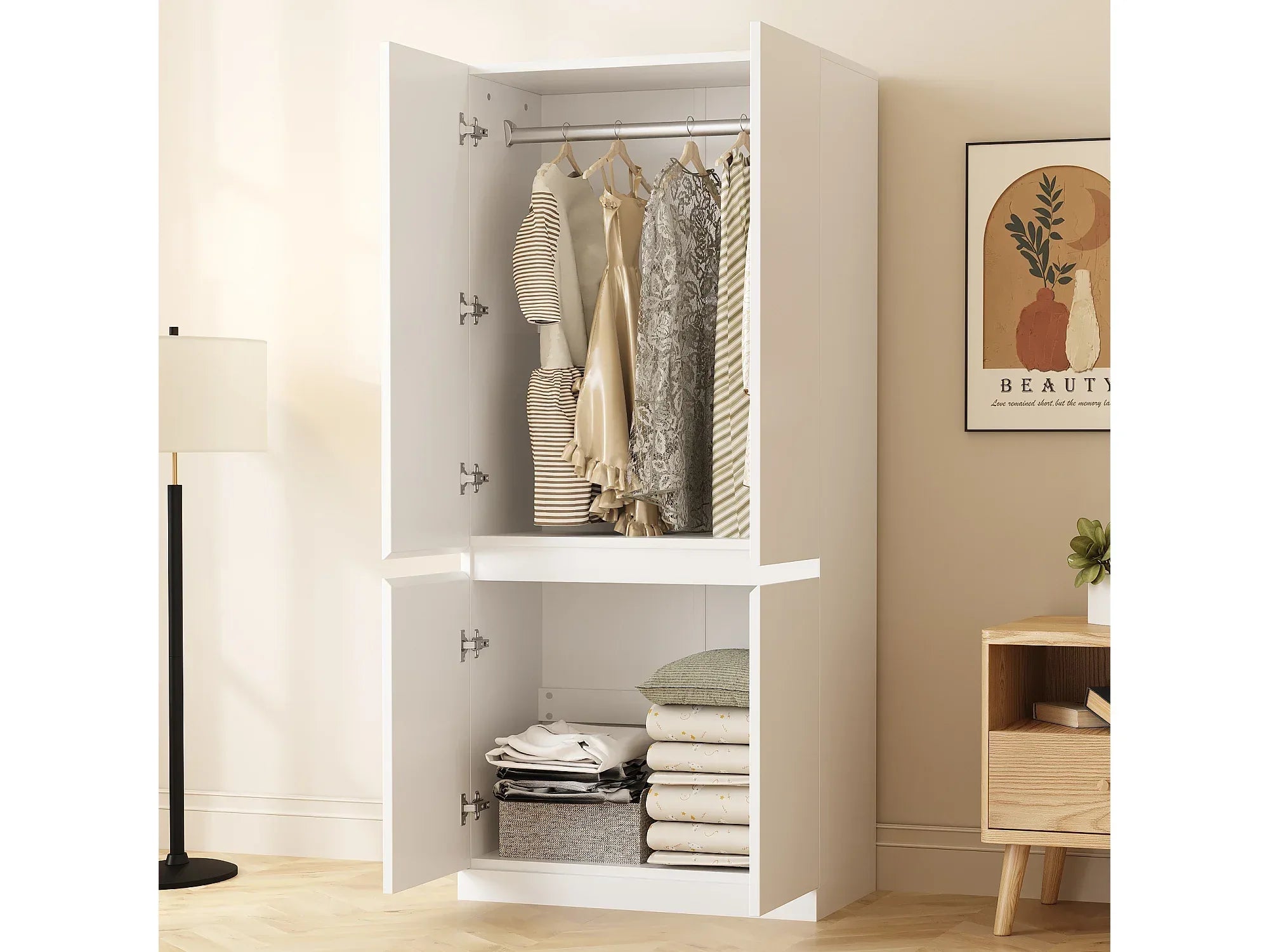 MARVIN dressing cabinet with open doors, hanging rail and shelves for clothes