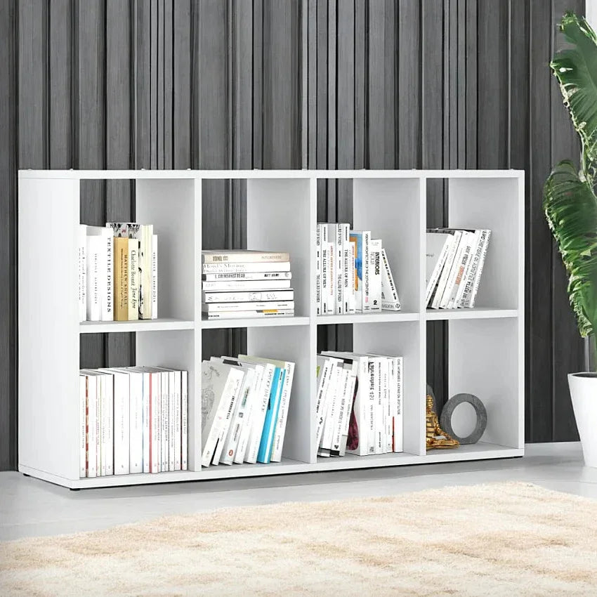 White MDF bookcase with open cubby shelves, front view