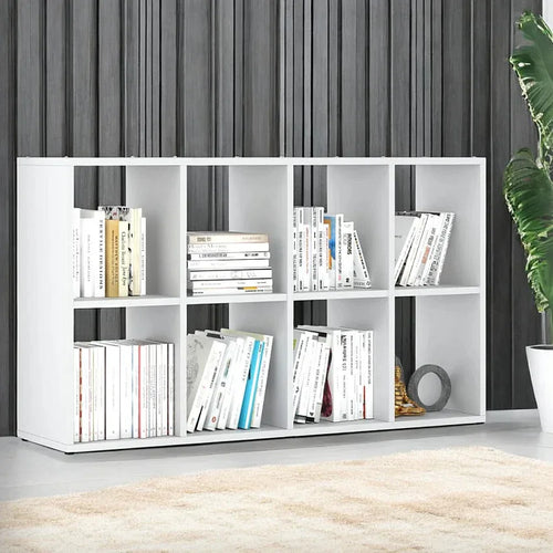 White MDF bookcase with open cubby shelves, front view