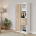 Two-tone MDF bookcase with cabinet door, open shelves, and drawer; light oak and white