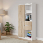 Two-tone MDF bookcase with cabinet door, open shelves, and drawer; light oak and white