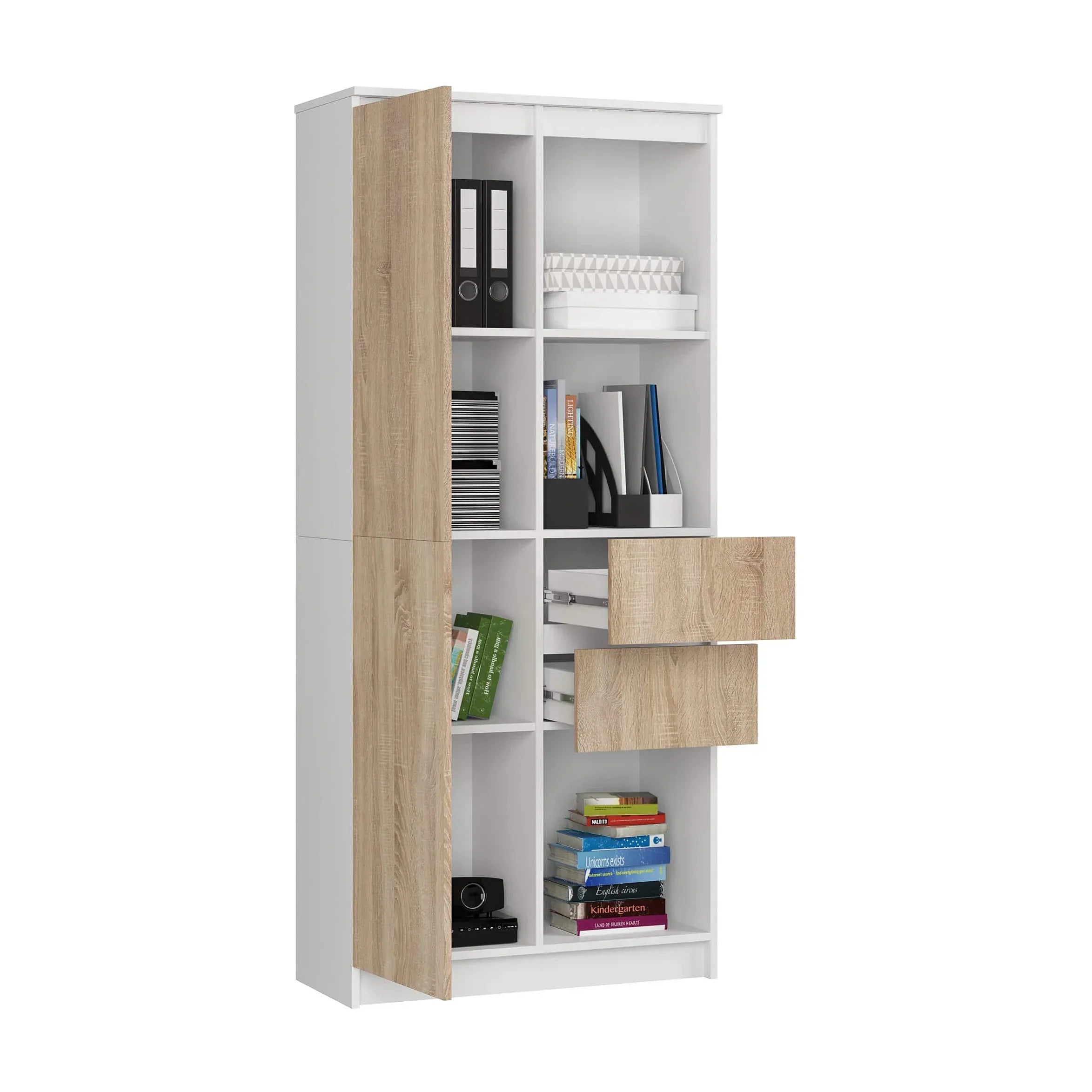 MDF bookcase in light oak with white frame, open shelving, and lower drawer