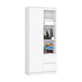 White MDF bookcase with open shelves and closed lower cabinet drawers