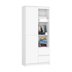 White MDF bookcase with open shelves and closed lower cabinet drawers