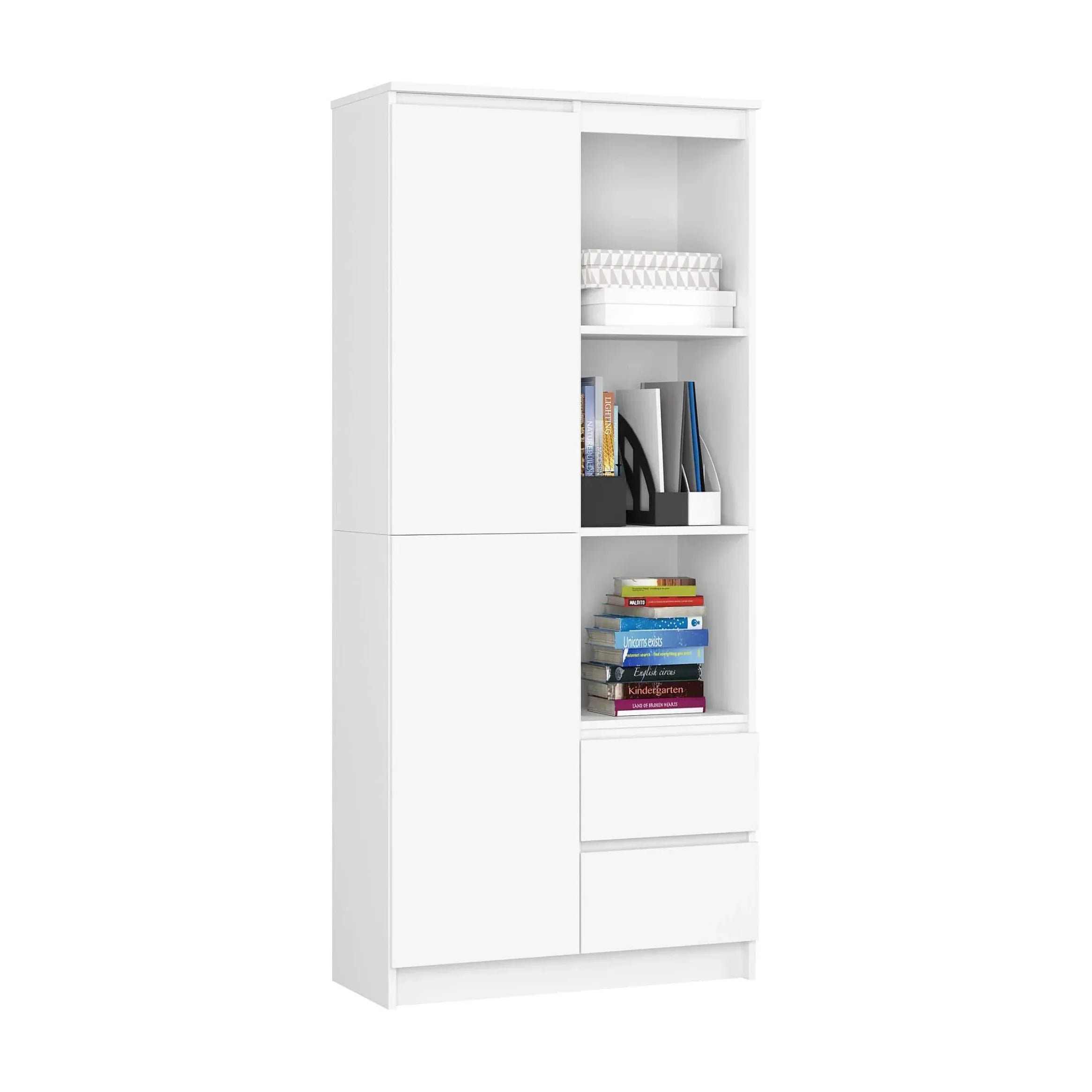 White MDF bookcase with open shelves and closed lower cabinet drawers