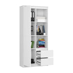 White MDF bookcase with open shelves and two lower drawers pulled out