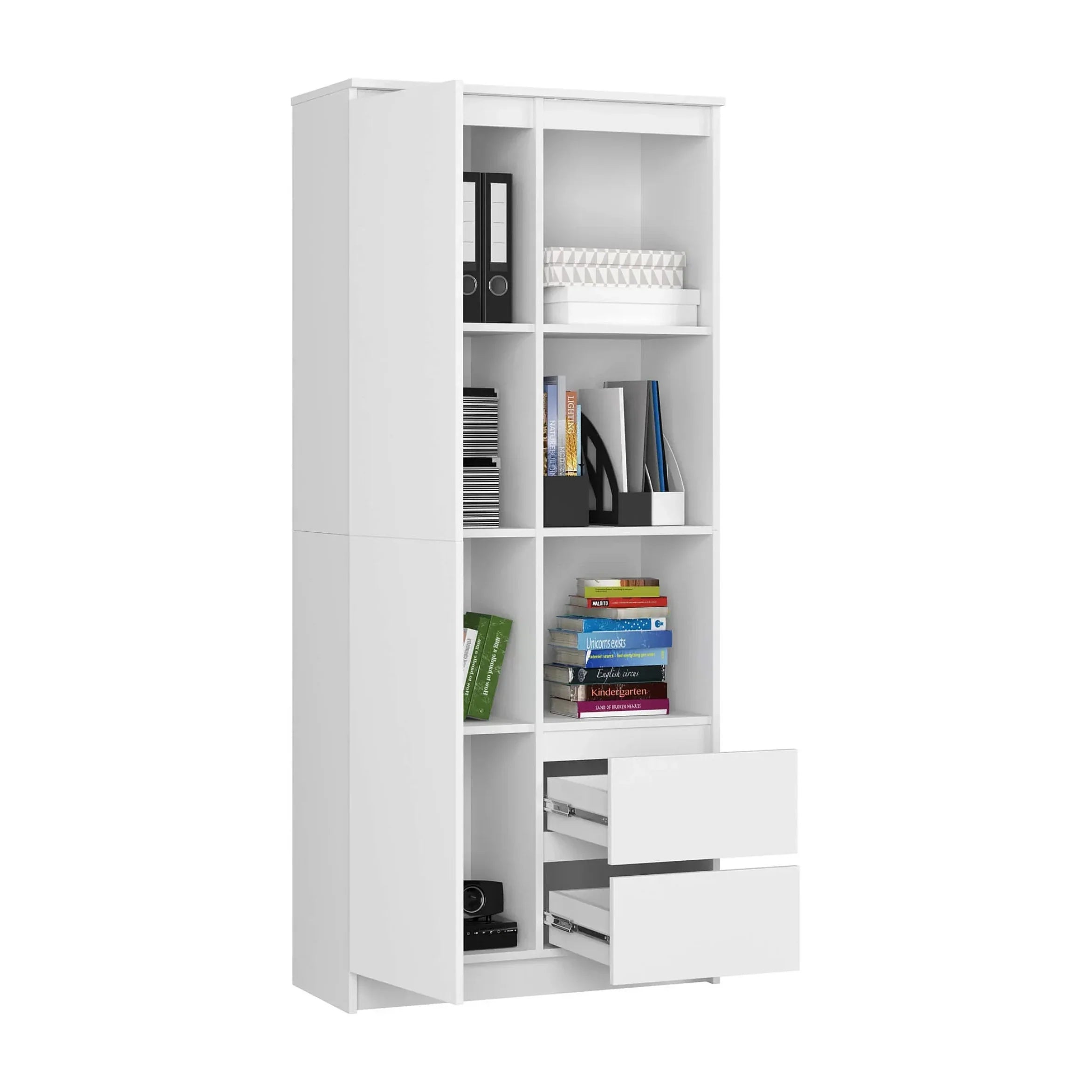 White MDF bookcase with open shelves and two lower drawers pulled out