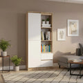 LILY bookcase with light wood frame and white doors, open shelves for books