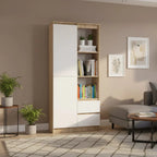LILY bookcase with light wood frame and white doors, open shelves for books